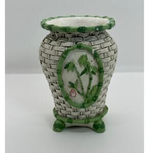 VTG Panda Garden Chinese Green White Basketweave Vase Bamboo Stalk 4 inch Pot